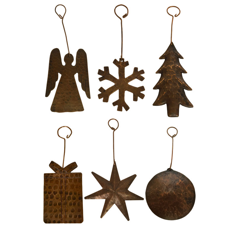 6 Piece Hand Hammered Copper Christmas Holiday Shaped Ornament Set
